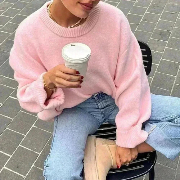 Pink Casual Women's Loose Drop Shoulder Pullover Sweater - Picture 2 of 3